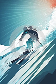 Skier man slide down snowy mountain winter landscape vector illustration. Man enjoy active pastime retro style.