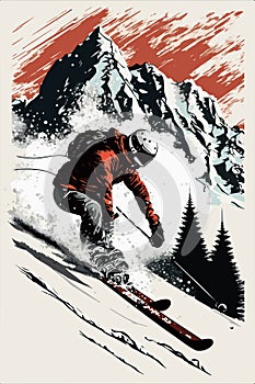 Skier man slide down snowy mountain winter landscape vector illustration. Man enjoy active pastime retro style. photo