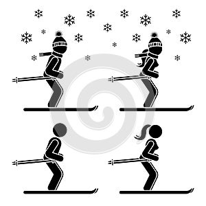 Skier man and woman skiing stick figure vector icon pictogram set. Winter snow fun sport leisure lifestyle holiday active game
