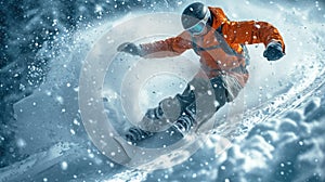 Skier in mask going down mountain slope on snowy background, man in orange jacket skiing downhill spraying snow in winter. Concept