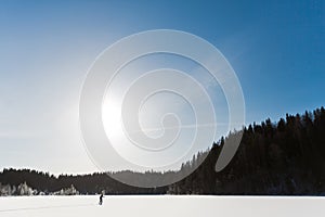 Skier in the middle of a snow-covered woods around the lake