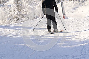 Skier in mountains, prepared piste and sunny day. winter, leisure, sport and people concept