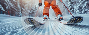 Skier in orange ski suit carving on a freshly groomed slope leaving a trail of snow behind him