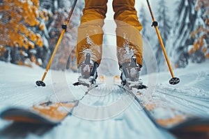 Skier in orange ski suit carving on a freshly groomed slope leaving a trail of snow behind him