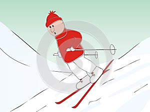 Skier at red dress, humorous vector illustration