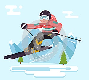 Skier riding high speed mountain winter mountains vacation skiing flat design vector illustration