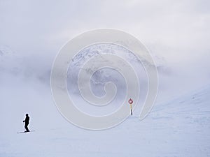 Skier and sign