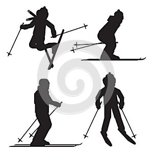 Skier silhouette icon set isolated. Jumping, freestyle, downhill skiing sportsman