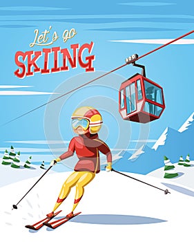 Skier on ski slope , cable car and mountains in background