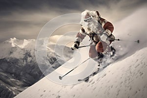 skier ski snow sport winter mountain holiday santa christmas snowboarder. Generative AI.