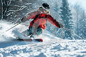 Skier skiing downhill in high mountains