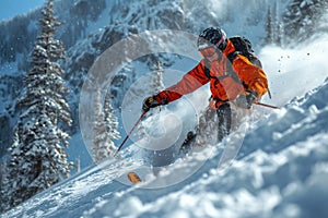 Skier skiing downhill in high mountains