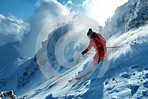 Skier skiing downhill in high mountains