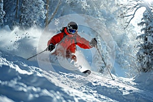 Skier skiing downhill in high mountains