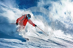 Skier skiing downhill in high mountains