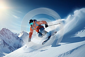 Skier skiing downhill in high mountains.Generative AI