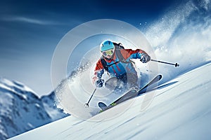 Skier skiing downhill in high mountains.Generative AI