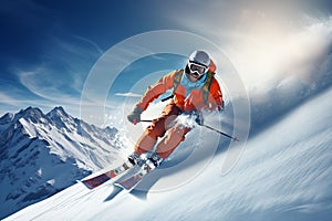 Skier skiing downhill in high mountains.Generative AI