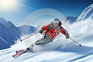 Skier skiing downhill in high mountains.Generative AI