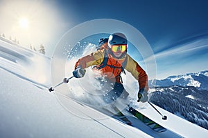 Skier skiing downhill in high mountains.Generative AI