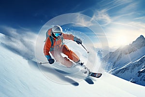 Skier skiing downhill in high mountains.Generative AI