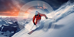 A skier is skiing downhill in high mountains. Winter sport