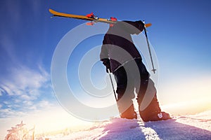 Skier skiing downhill during sunny day in mountains and forest. Extreme winter sports