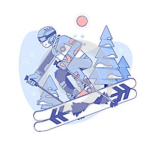 Skier skiing in ski resort.Winter activities rest.Line vector illustration