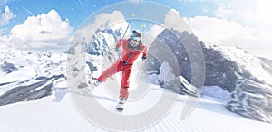 Skier skiing on a sunny day in high mountains. Ski downhill skiing in mountains. Rapid descent at high speed. Downhill