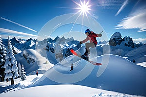 Skier, snowboarder in mountains. Winter snow sports concept