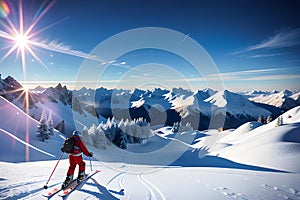 Skier, snowboarder in mountains. Winter snow sports concept
