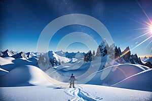 Skier, snowboarder in mountains. Winter snow sports concept