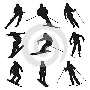 Skier and snowboarder. Set of vector silhouettes