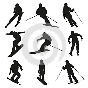 Skier and snowboarder. Set of vector silhouettes photo