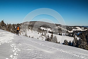 Lyžiar chôdza v zasneženej zimnej krajine. Skialpinizmus vo Veľkej Fatre na Slovensku