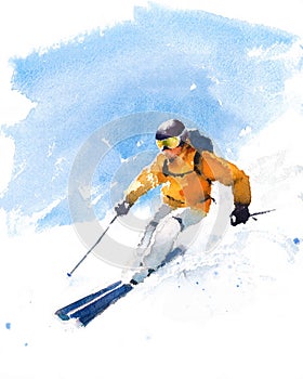 Skier Watercolor Winter Sports Illustration Hand Painted