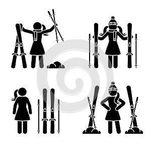 Skier woman standing with ski stick figure vector icon pictogram set. Winter snow fun sport leisure lifestyle holiday active game