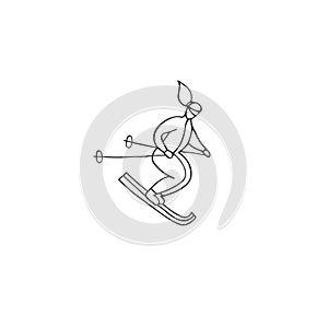 A skier woman. Vector hand drawn logo element. For professional sport or outdoor activities. Active way of life.