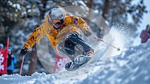 Skier in yellow jacket moves at mountain slope, man skiing downhill with splash of snow in winter. Concept of sport, powder,