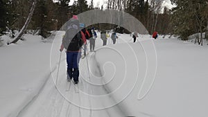 Skiers with big backpacks go skiing in a beautiful winter forest. First-person view. View from the back.