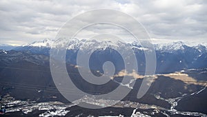 Skiers climb the cable car at the Krasnaya Polyana ski resort