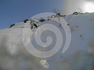 Skiers climb the trail on snow-capped top