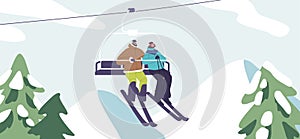 Skiers Couple, Bundled In Gear, Ascend A Snowy Mountain On A Ski Lift, Eagerly Anticipating Their Downhill Adventure