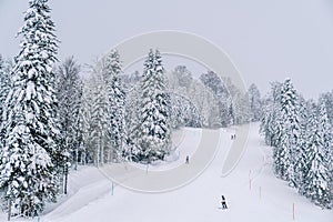 Skiers descend on the snow-covered mountain slope of the Kolasin 1600 ski resort. Montenegro