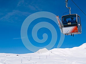 Skiers in Gondola Cablecar photo