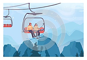 Skiers lifting up to a slope by ski lift. Couple taking selfie on a chairlift.