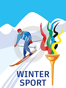 Skiers man riding on skis on snow downhill. Winter sport games, competiotion. Torch symbol sport games. Vector