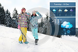 Skiers outdoors and weather forecast widget. Mobile application