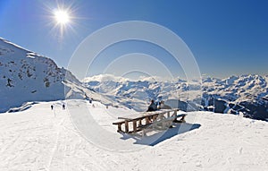 Skiers relaxing on piste