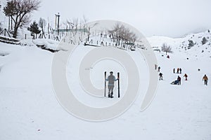 Skiers on Ski Resort in Auli, Joshimath, Uttarakhand, India photo